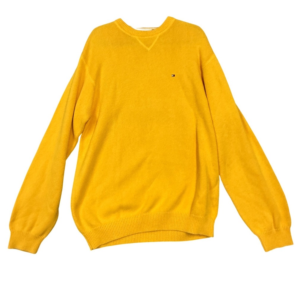 Tommy Hilfiger Sweater Mens‎ XL Yellow Crewneck Knit Pullover Flag Logo Cotton